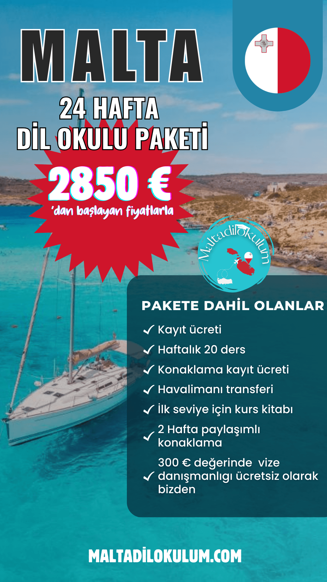 En Uygun 24 Haftalık Malta Dil Okulu Paketi ve Çalışma İzni